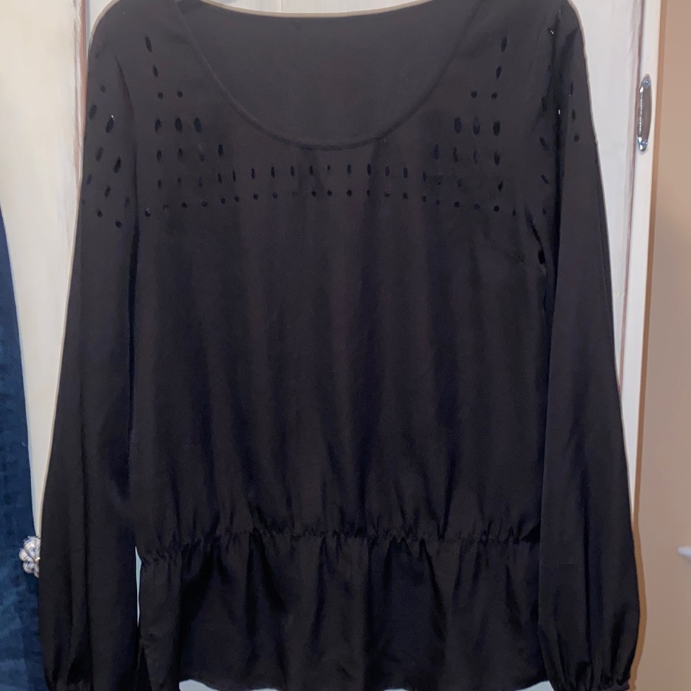 Black Lasercut Long Sleeve Peplum Blouse with Bishop Sleeve